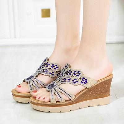 Summer New Rhinestone High-heeled Wedge-heeled Cool Slippers Women's Muffin Thick-soled Slippers Wedge-heeled Large-size Cool Slippers