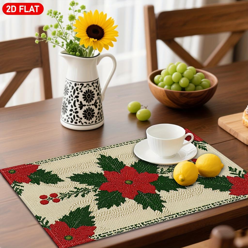 4/6pcs, 2D Flat Christmas Poinsettia Placemats, Red Poinsettia Flowers, Dark Green Leaves, And Red Berry Linen Placemats, Suitable for Kitchen Table D