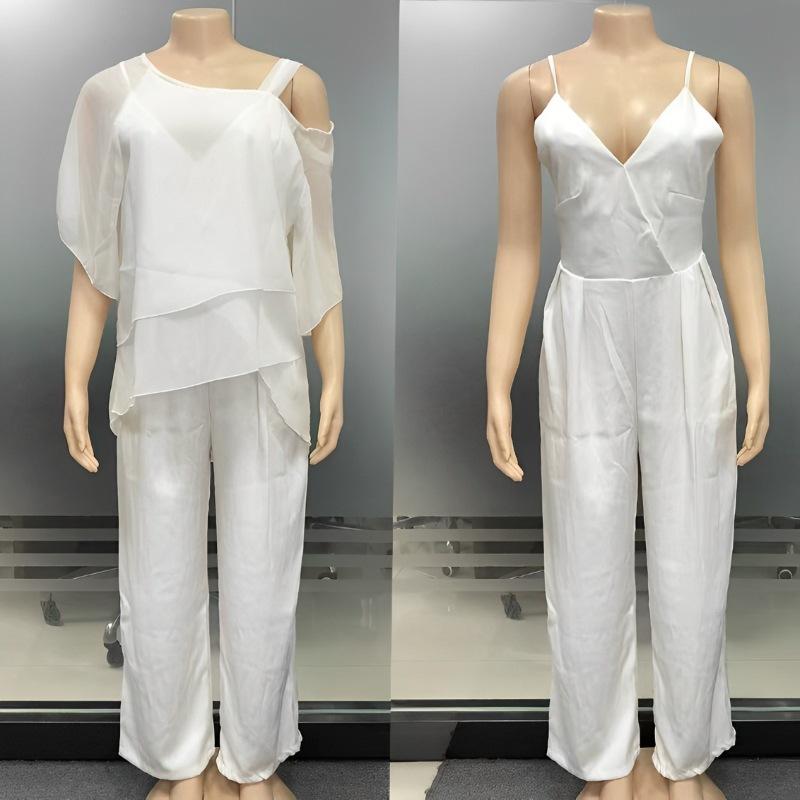 European and American women s clothing 2025 autumn new fashion casual irregular bat sleeve jumpsuit two-piece set S