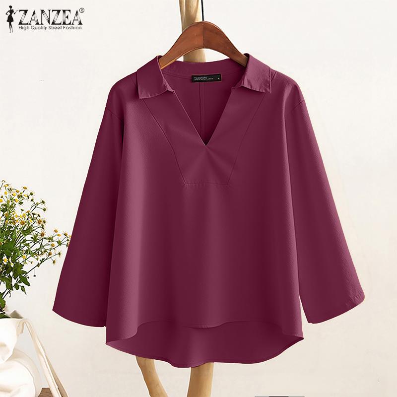 ZANZEA Women Casual Turn Down Collar Loose 3/4 Sleeve Cotton Blouse