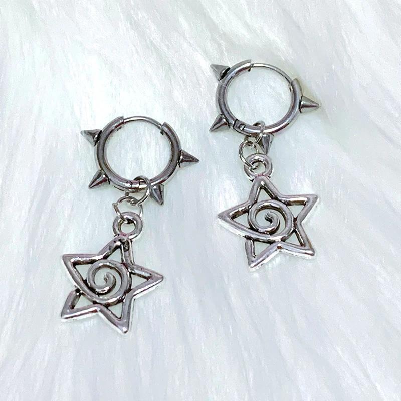 Punk Sliver Color Stainless Steel Hollowed-out Five-pointed Star Rivets Spike Ball Pendant Hoop Earrings for Women Men Jewelry