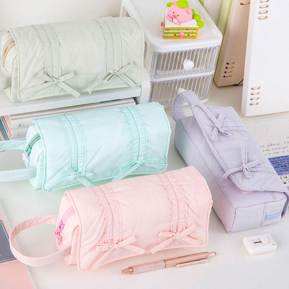 Bow Pencil Pouch Three Layers Stationery Storage Bag Save Space Pencil Case  School