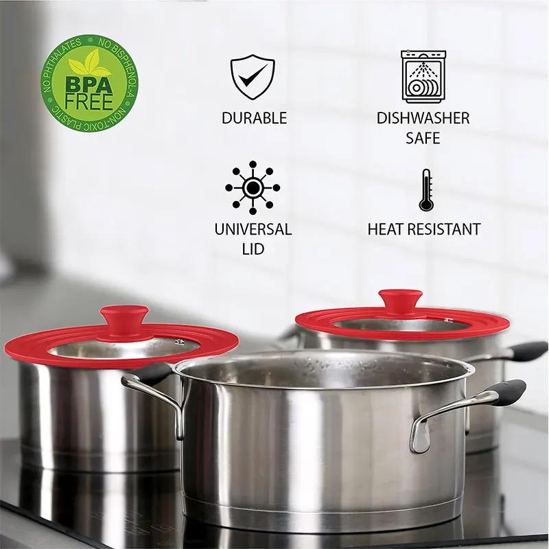 Roter Silikonrand, multifunktionaler Topfdeckel aus gehärtetem Glas, universeller Überlaufschutzdeckel, Küchenutensilien, Kochgeschirrteile