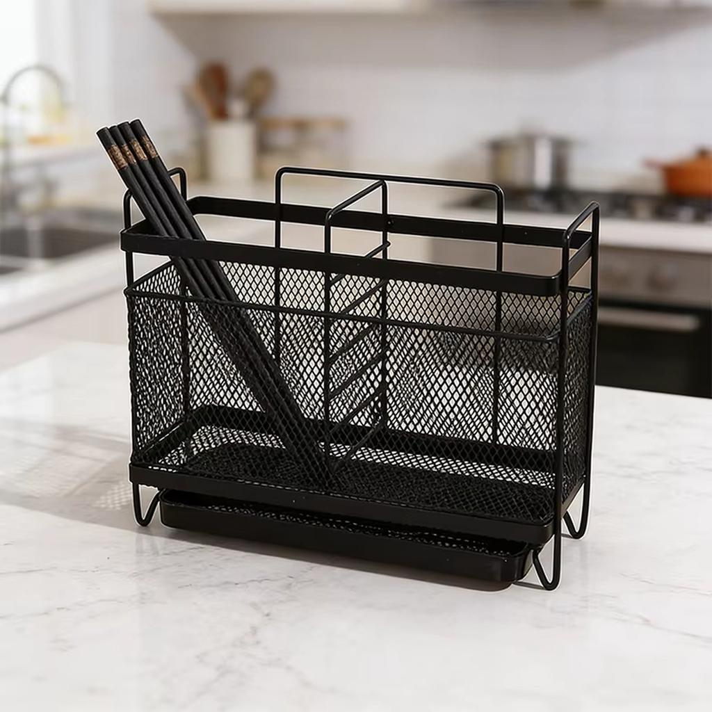 Creative Kitchen Countertop Organizer Mesh Cutlery Holder with Drainage Tray Multipurpose Utensil Storage Rack for Forks Knives Chopsticks