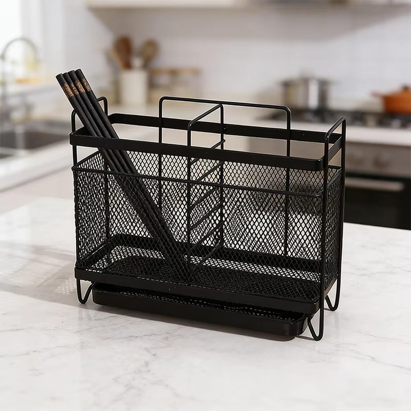 

Creative Kitchen Countertop Organizer Mesh Cutlery Holder with Drainage Tray Multipurpose Utensil Storage Rack for Forks Knives Chopsticks one size чёрный
