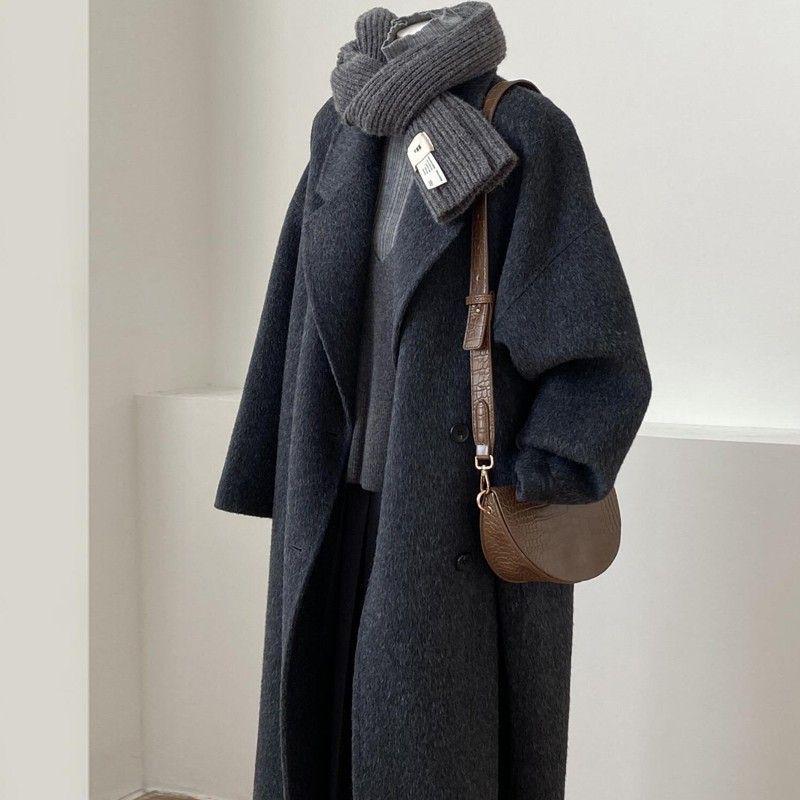 Women's Mid-Length Double-Sided Cashmere Coat - 2026 Autumn/Winter Korean Style, Loose Fit, Lazy Chic Wool Coat.