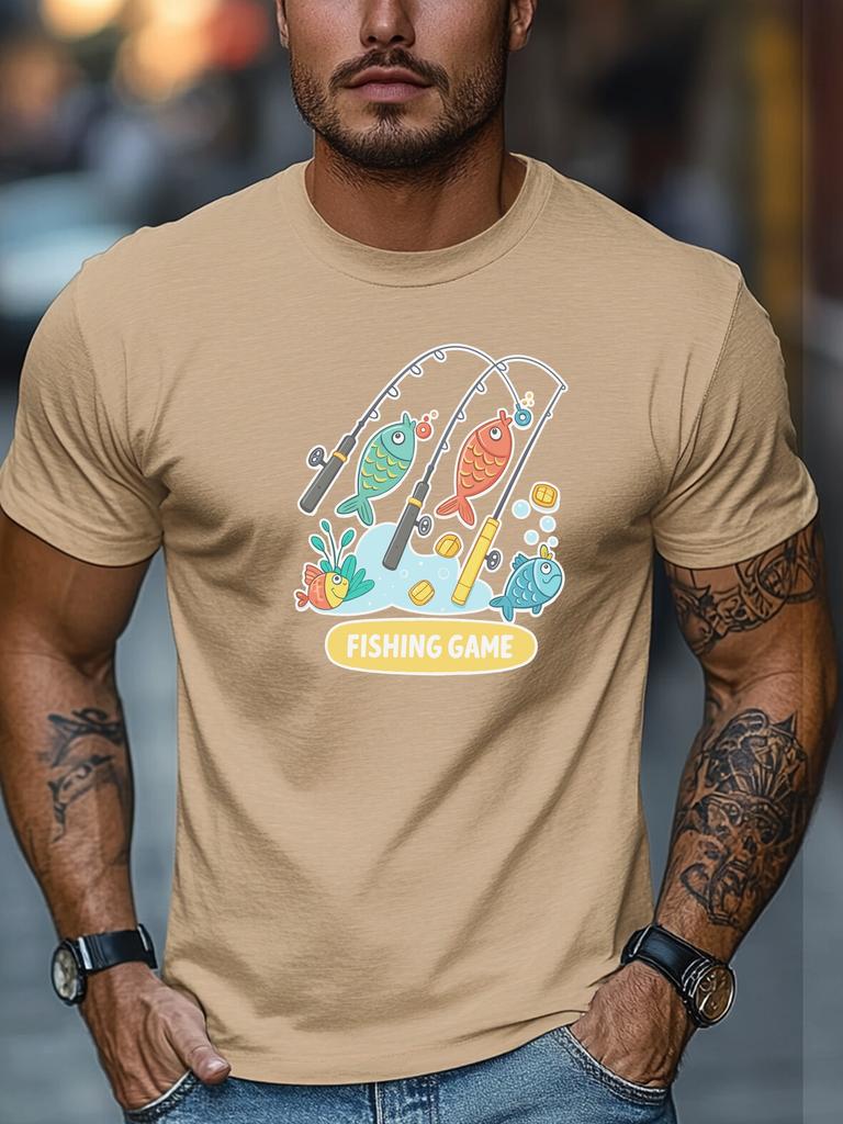 Mens Summer Fishing TShirt Fishing Game Rod Fish Print Short Sleeve Round Neck Soft Oversized Playful Daily Wear