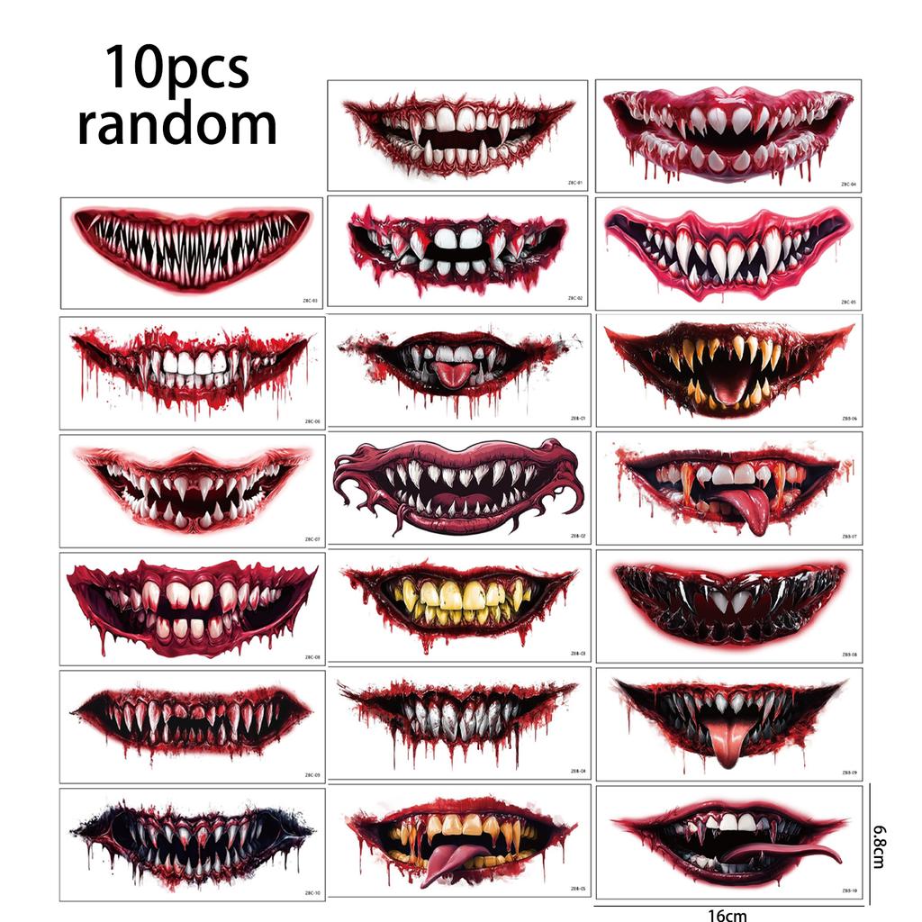 Halloween Horror Big Mouth Tattoo Sticker Waterproof Lasting Realistic Horror and Funny Temporary Tattoo Stickers 1/10PCS Random