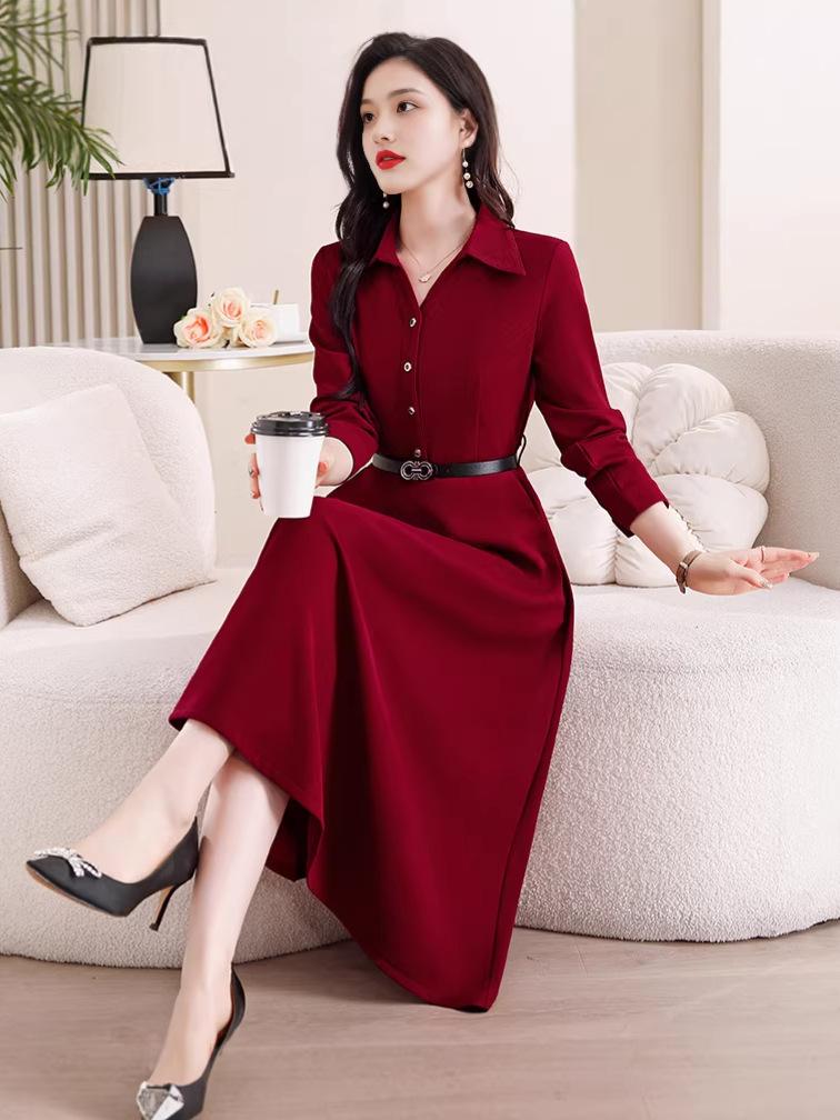 Trendy Korean Style Patchwork Waist-Cinched Mid-Length Dress for Women - 2026 Spring/Autumn