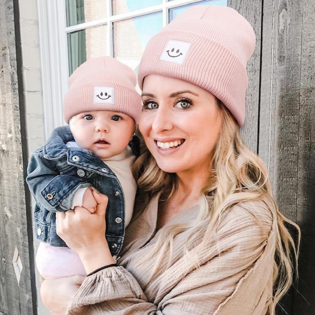 Smiley Logo Women's and Children's Knitted Wool Hat - Warm, Outdoor, Winter Leisure Beanie.