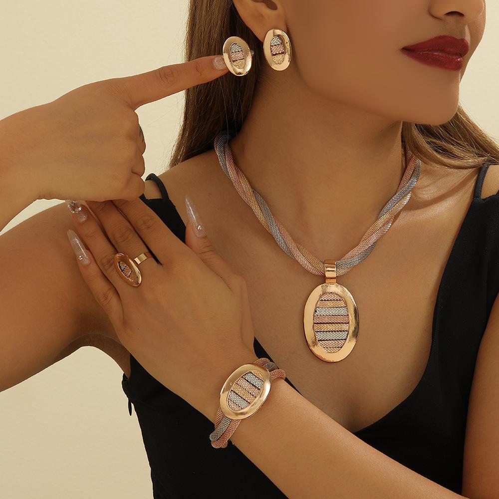 Handmade Tricolor Mesh Jewelry Set: Necklace, Earrings, Ring, Bracelet - European & American Design for Middle Eastern Ladies