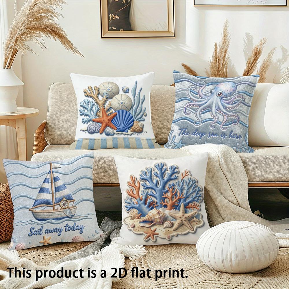 Seaside Themed 2D Flat Print Double-sided Printed pillow cover Short plush Suitable living rooms bedrooms throw cushion cover