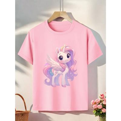 European Sizes Girls' Soft Pink & Purple Unicorn Wings T-Shirt - Pastel Fantasy Tee with Magical Unicorn & Print, Lightweight Breathable Fabric