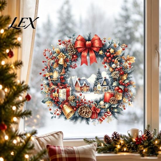 Glass Door Decor Watercolor Christmas Wreath Static Window Cling, Reusable Xmas Sticker with Red Bow Winter Stickers Snowy Decal, Holiday for