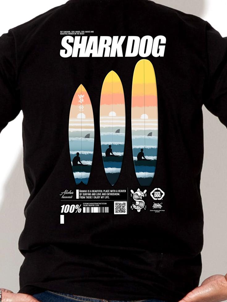 Doldol Shark-Dog_Tshirts-202 Shark Dog Surfing Hawaii Graphic T-Shirt Short Sleeve T-Shirt Black/S