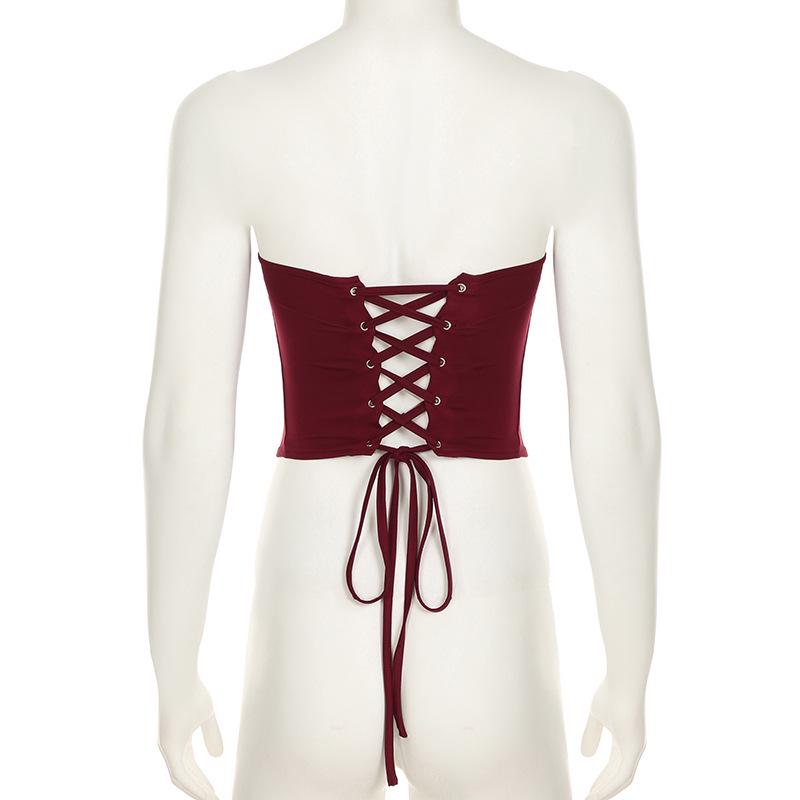 Retro Cross-Border Lace-Up Strapless Waist-Shaping Top and Hollow-Out Leather Skirt Set for Women