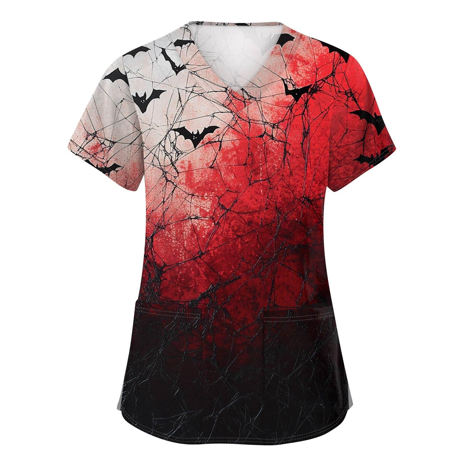 

Women s Fashion V-neck Short-sleeved Work Uniform With Pockets, Halloween Print Top XXXXL винний
