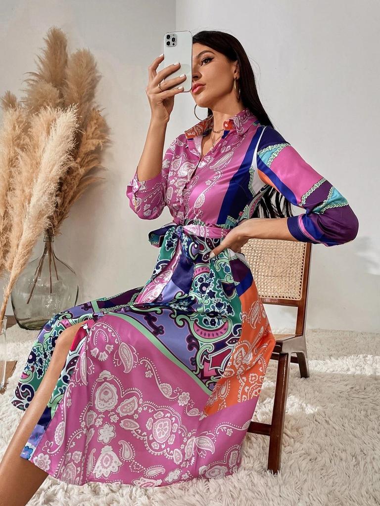 Autumn and winter popular women's clothing straps printed polo collar temperament medium and long dress