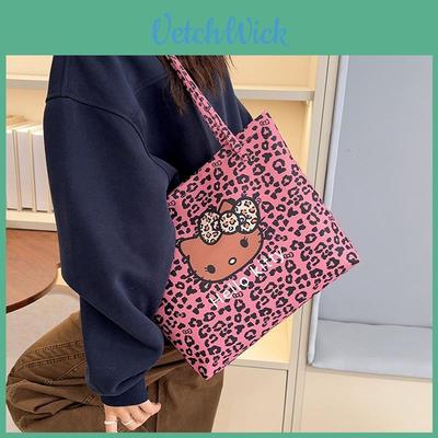 Hello Kitty Leopard Print Canvas Girls Shoulder Bag With Breathable Lightweight Fabric For School And Daily Use