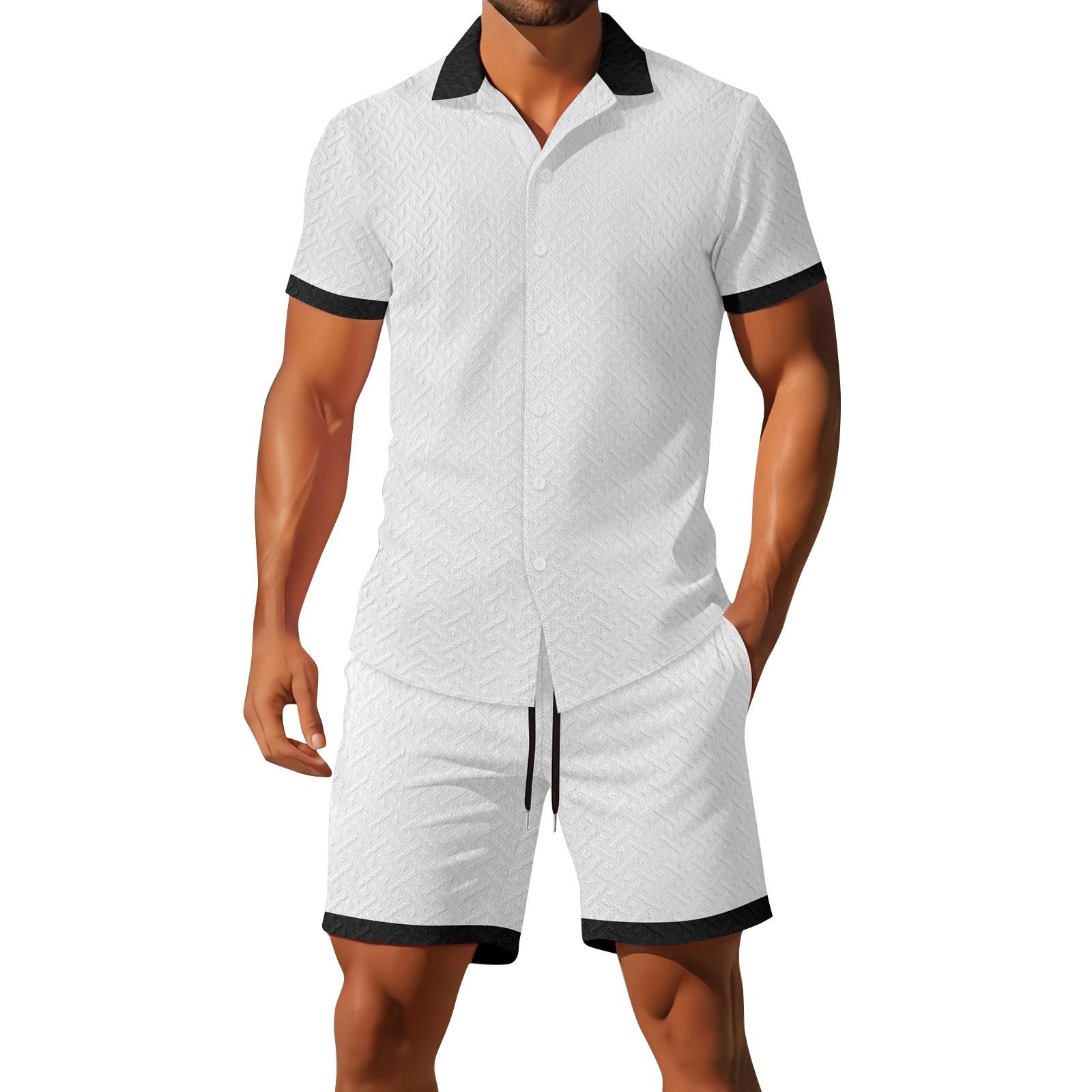 

Мужской летний комплект из рубашки с коротким рукавом и шорт в стиле колор-блок, свободный комплект из спортивной и повседневной рубашки и шорт XL белый