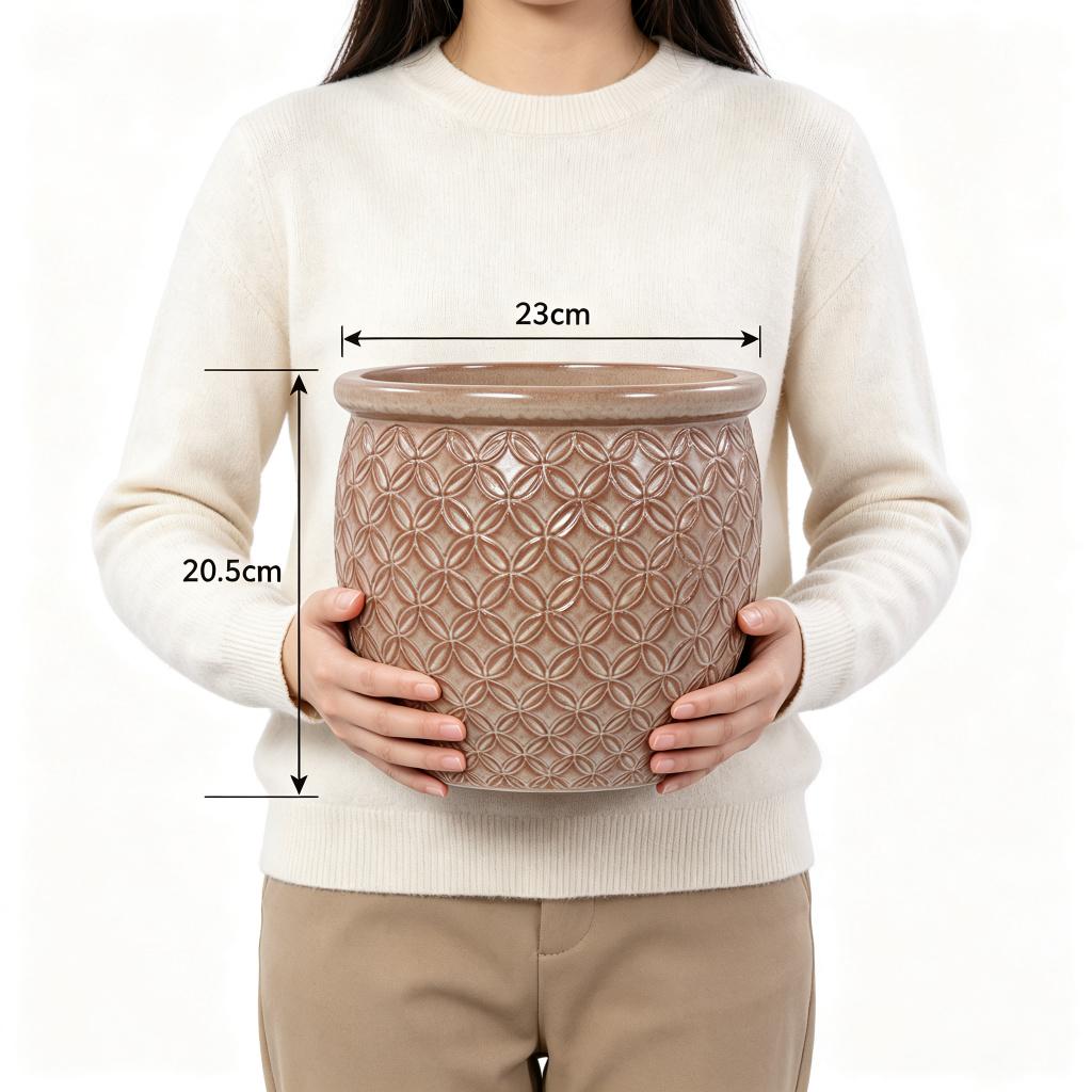 Single Handmade Ceramic Plant Pot (diameter 23 cm), Glossy Beige with Coin Relief, Breathable, Frost-Resistant, with Drainage Holes for Balcony Plants