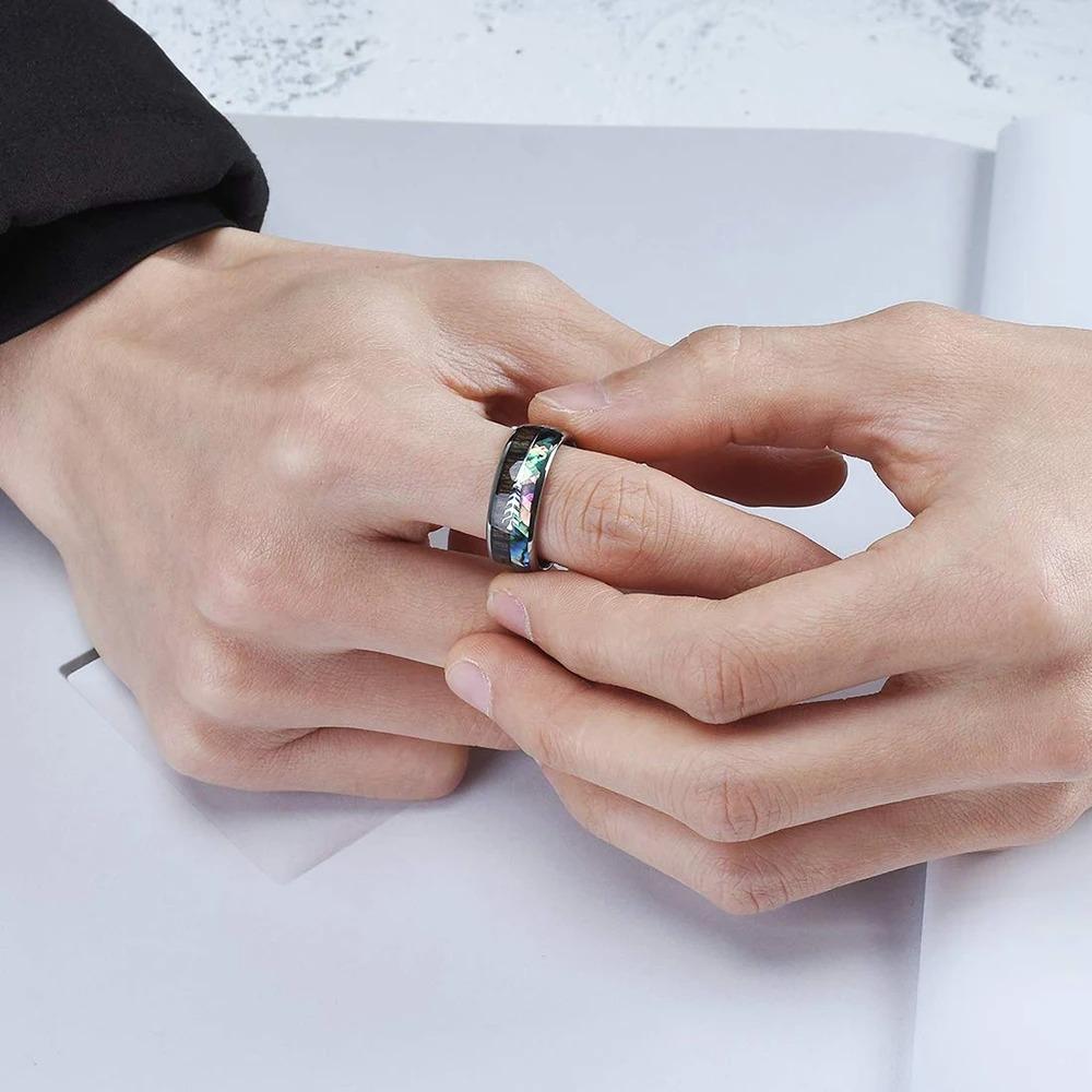 Mode 8mm Herren Edelstahl Pfeil Ringe Einlage Regenbogen Abalone Muschel Koa Holz Ringe für Herren Damen Ehering Schmuck Geschenk