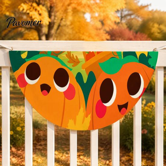 Semicircular Autumn Party Supplies Fall Bunting Fan Flag for Outside, 1.5 X 3ft Turkey Pumpkin Maple Eucalyptus Leaf Holiday Pattern Hanging