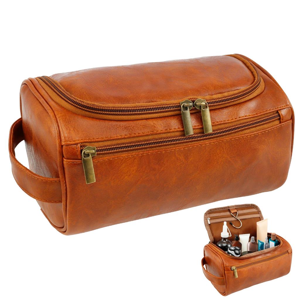 Men Business Toiletry Bag Leather Portable Toiletries Storage Bag Large Capacity Hanging Travel Waterproof Shaving Cosmetic Bag
