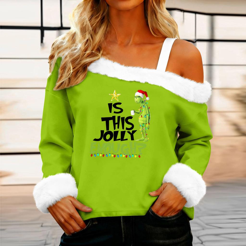 Women's Casual Fashion Sexy Off-Shoulder Collar Christmas Pattern Long Sleeve Crewneck T-Shirt Top