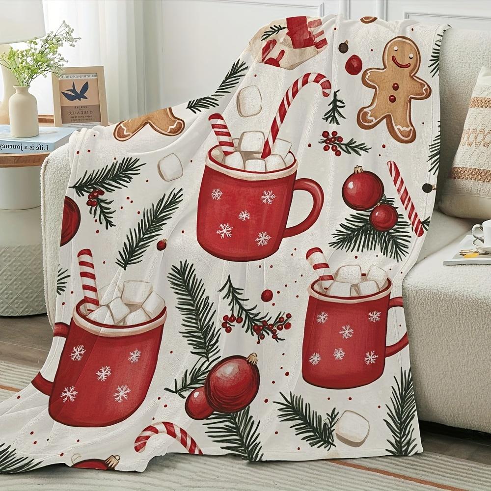 1pc Christmas Flannel Blanket - Soft Cozy Throw with Festive Cocoa Gingerbread Pine Print, All-Season Warmth for Couch