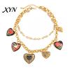 French Style Necklace Floral Heart Charms Necklace, Double Layer Vintage Chain Choker Oval Faux Old Metal Texture Pendant Diamond Ring, Enamel