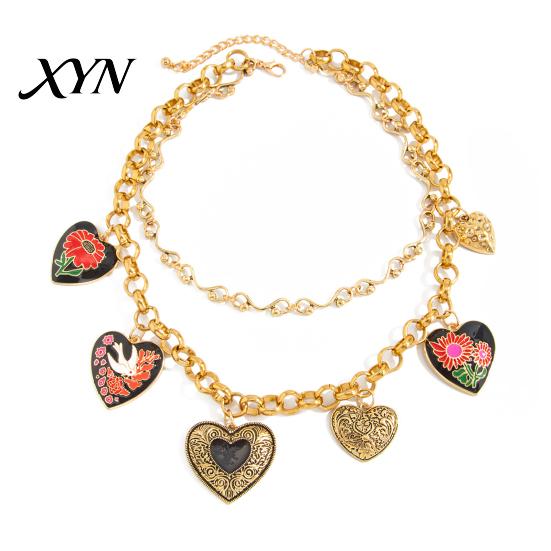 French Style Necklace Floral Heart Charms Necklace, Double Layer Vintage Chain Choker Oval Faux Old Metal Texture Pendant Diamond Ring, Enamel