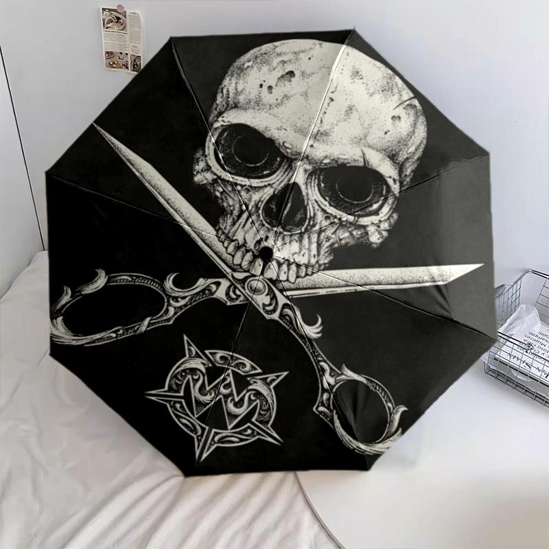 1PC Skull Scissors Artwork Automatic Umbrella - Suitable Travel Outdoor Portable Umbrella Birthday Gift Daily Essentials