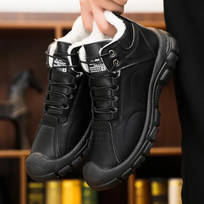 

Мужские зимние ботинки на толстой подошве 2024 года, осень, новые мужские хлопковые туфли, плюшевые, теплые, модные, нескользящие, на шнуровке, повседневные хлопковые туфли 39 чёрный