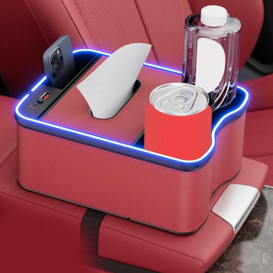 Scatola portaoggetti per bracciolo auto con porte di ricarica, luci LED multi-modalità, design ad alta capacità, organizer per console auto, custodia porta fazzoletti