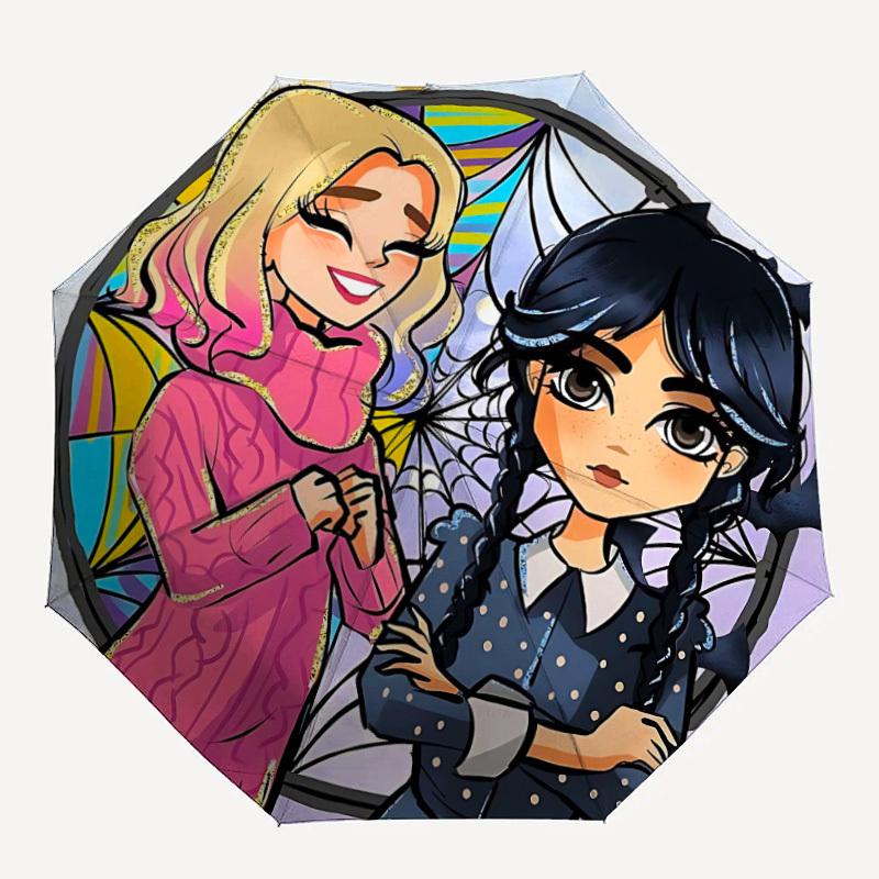 

1pc Wednesday Automatic Umbrella 8 Rib Portable Folding Black Iron Frame for Outdoor, Beach, Travel, Beach Umbrella 143