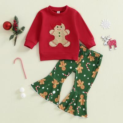 Feiertags-Mädchen-Set: Rotes Lebkuchen-Sweatshirt & Schlaghosen
