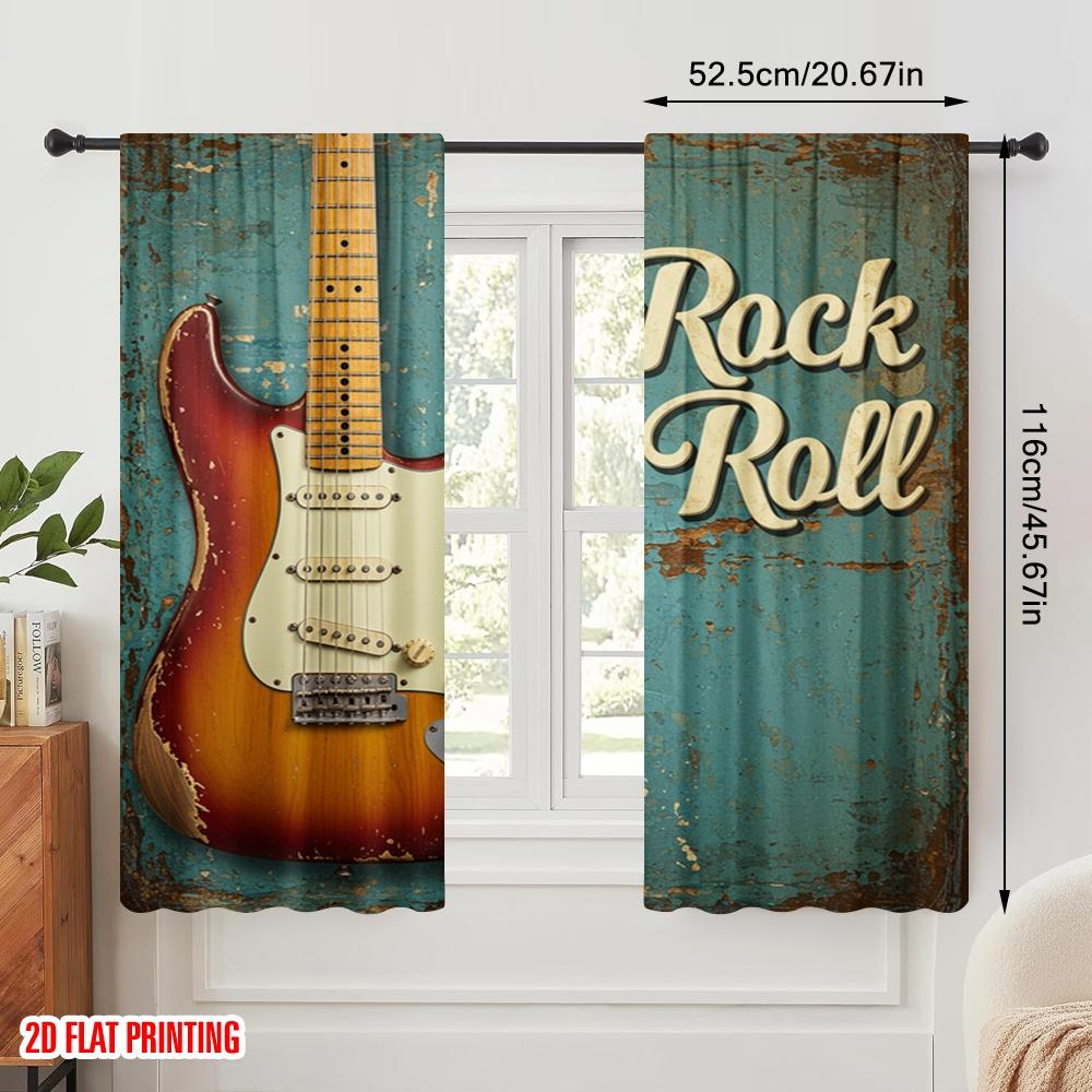 2pcs 2D Flat Printing Curtains Vintage Guitar Rock Roll Fabric Without Electricity 0 for Yard & Garden No Power Needed