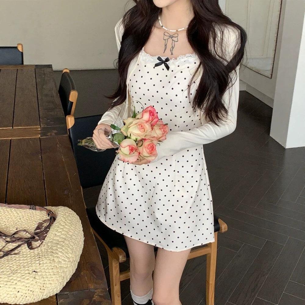 Fresh and sweet polka dot bow wear suspender dress women's summer new sunscreen clothes cardigan two-piece set