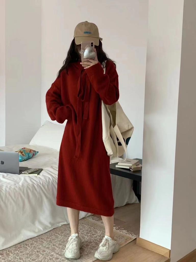 Vintage Long-sleeved Knitted Dress Women's Autumn and Winter Purple Gray Meat Covering and Thin Lazy Hooded Lace-up Sweater Skirt