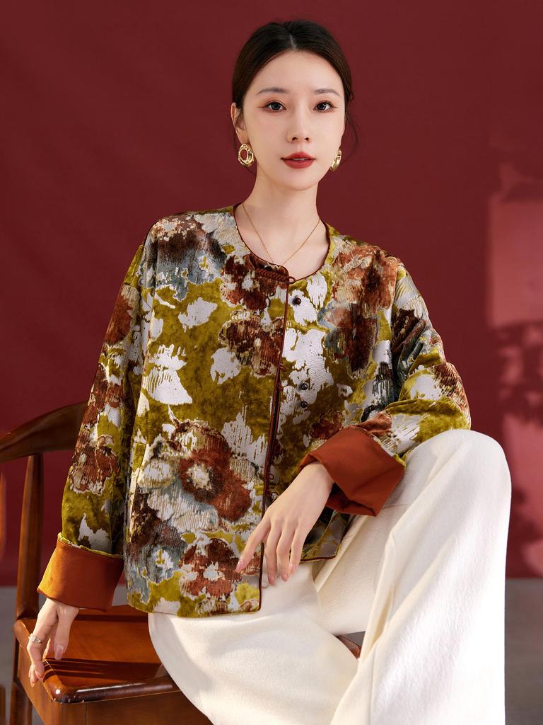 Autumn/Winter Velvet Silk Ink Paint Print Coat - Women's Retro Chinese Style Top