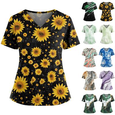 Women's Casual Printed V-Neck Pocket Side Slit Short Sleeved Top Short Sleeved Top