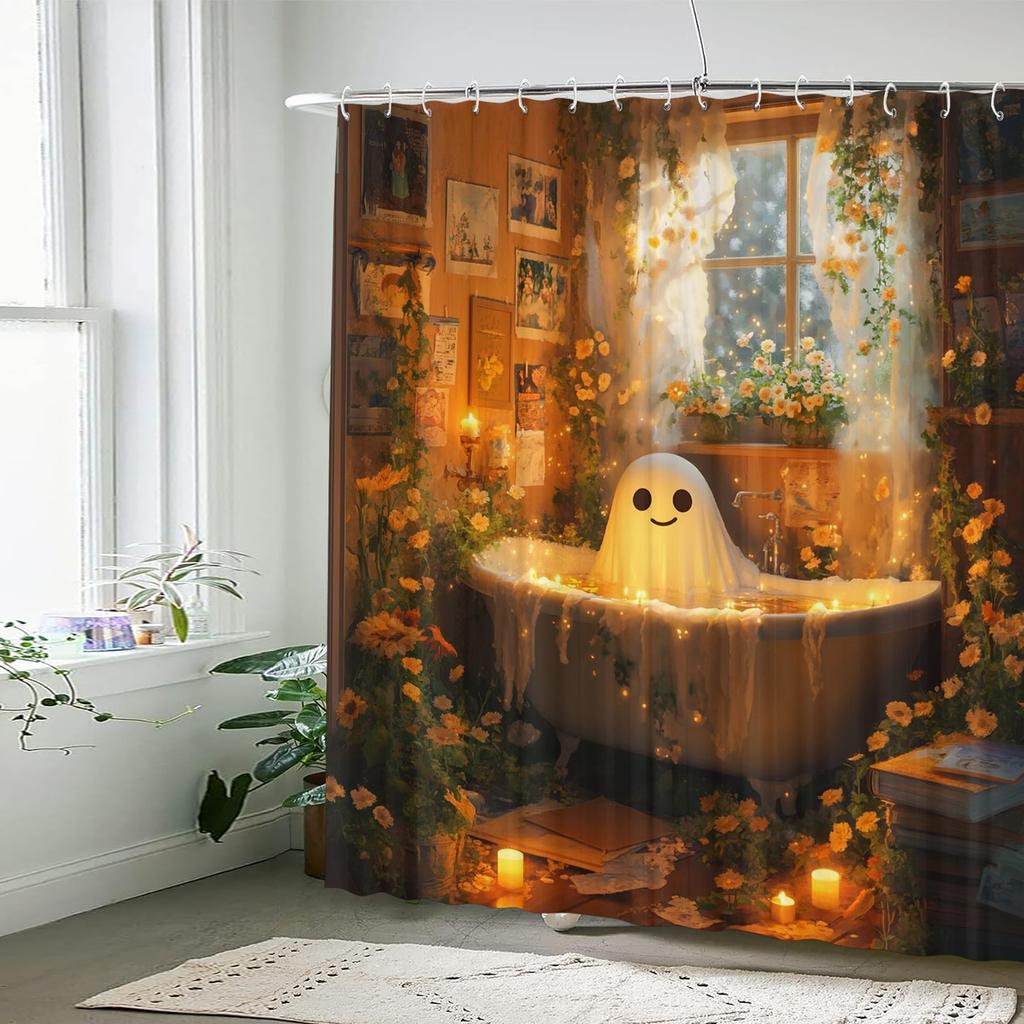 Ghost Bath Theme Waterproof Shower Curtain, Non-Woven, Art Graphic Pattern, With Hooks, Machine Washable - Art Decor Accessory