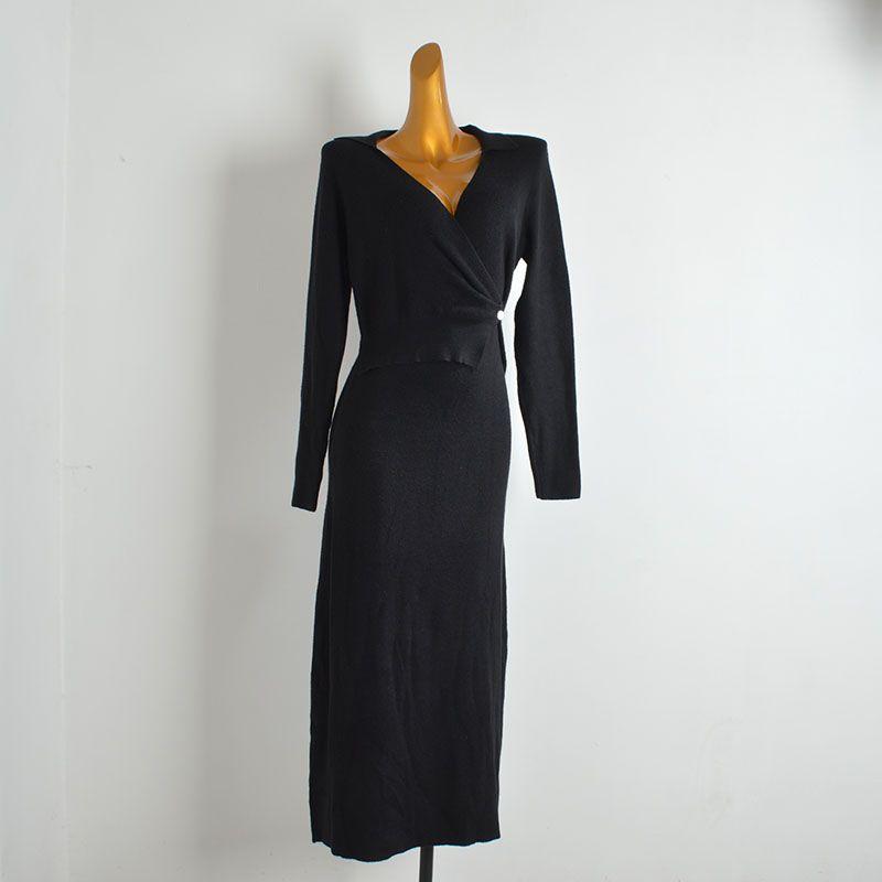 French Style New Arrival Solid Color Polo Collar Deep V Cross Waist One Button Knitting Dress Women's Spring & Fall Split Dress