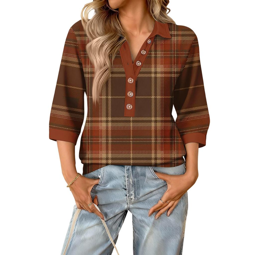 Women's fashionable and casual summer V-neck patchwork three-quarter sleeve plaid print top