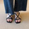 Minimalist Retro One-word Belt Versatile Black Commuter Sandals Women's Wedge Heel Square Head Open-toed Women's Shoes