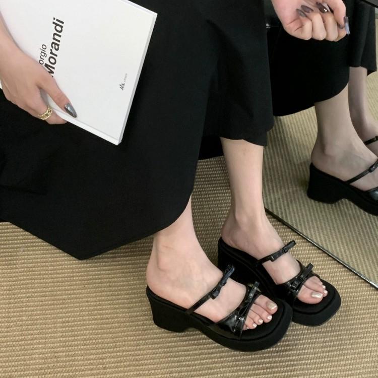 Wedge heel heightened silver bow open-toed cool slippers outer wear women's shoes 2025 new summer thick-soled versatile sandals