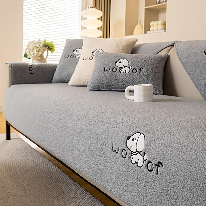 Winter Living Home Non-slip Thick Sherpa Dog Embroidery Slipcover Funda Sofa  Sofa Cushion Couch Covers