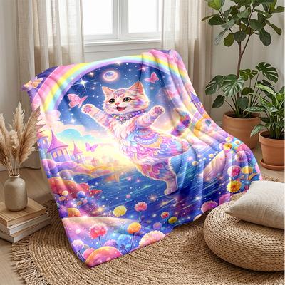 Fantasy Cat Rainbow Theme Blanket Lightweight Warm Flannel Blanket Decorative Throw Blanket for Home Decoration