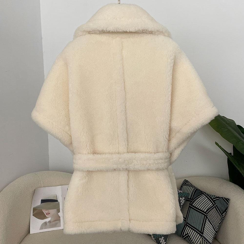 OFTBUY Winter Women Vest Jacket Real Lamb Cashmere Wool Fur with Belt Coat Turn-down Jacket Warm Plush Thick Pocket Elegant Casual